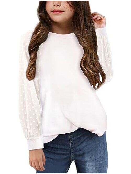 Yekaty Girls Shirts Casual Solid Color Crewneck Blouses Soft Long Sleeve Swiss Dots Chiffon Tops