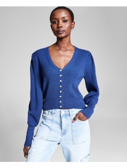 Women's Puff-Sleeve Ribbed Cardigan, Created for Macy's