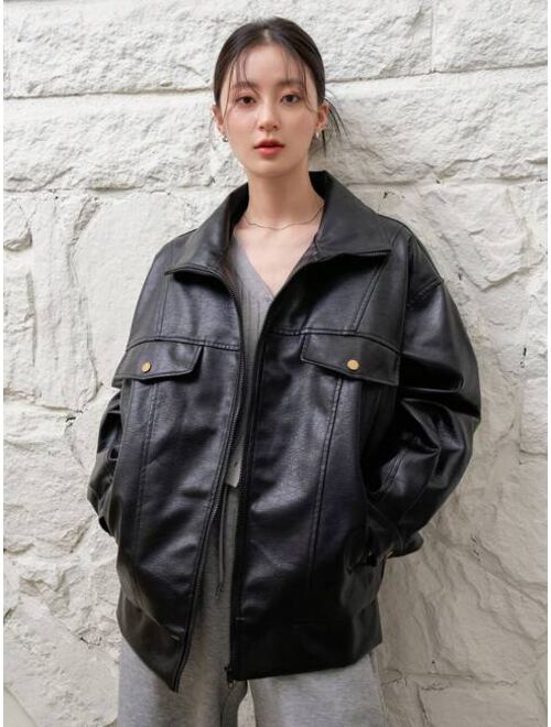 Dazy-Less Flap Pocket Drop Shoulder PU Leather Jacket