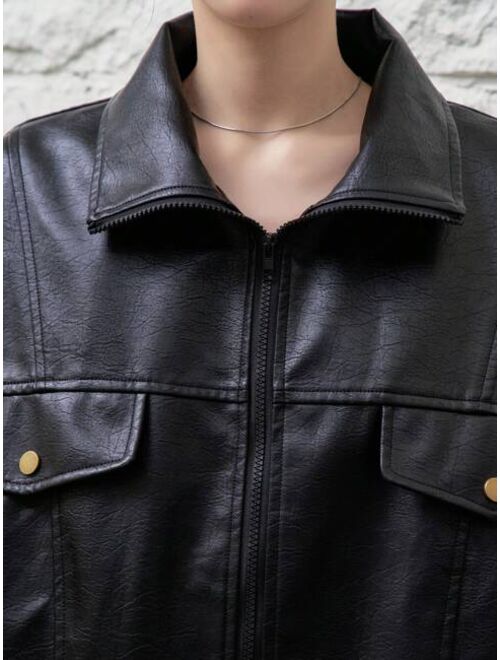 Dazy-Less Flap Pocket Drop Shoulder PU Leather Jacket