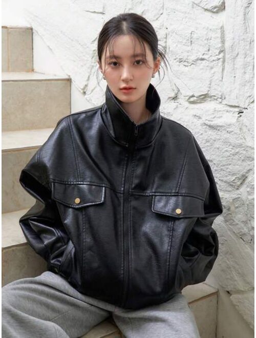 Dazy-Less Flap Pocket Drop Shoulder PU Leather Jacket