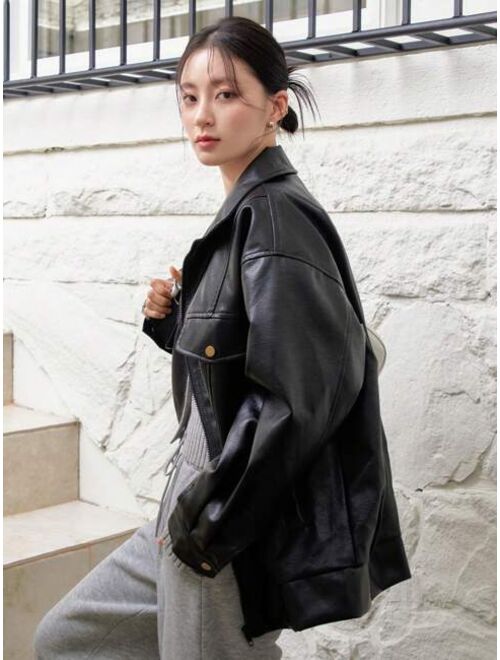 Dazy-Less Flap Pocket Drop Shoulder PU Leather Jacket