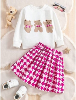 Young Girl Bear Print Sweatshirt & Houndstooth Print Skirt