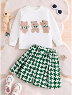 Young Girl Bear Print Sweatshirt & Houndstooth Print Skirt