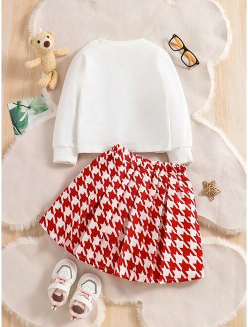 Shein Young Girl Bear Print Sweatshirt & Houndstooth Print Skirt