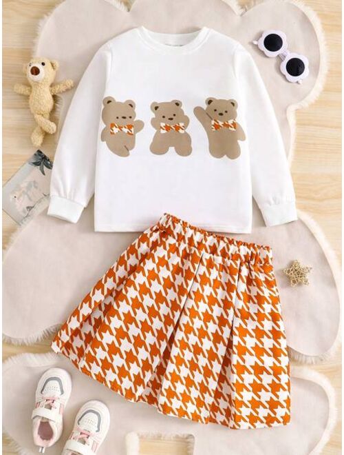 Shein Young Girl Bear Print Sweatshirt & Houndstooth Print Skirt