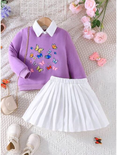 Shein Young Girl Butterfly Print Sweatshirt & Pleated Skirt