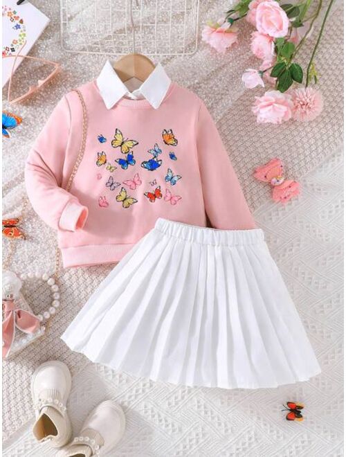 Shein Young Girl Butterfly Print Sweatshirt & Pleated Skirt