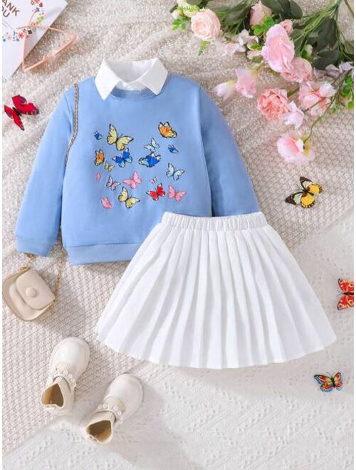 Shein Young Girl Butterfly Print Sweatshirt & Pleated Skirt