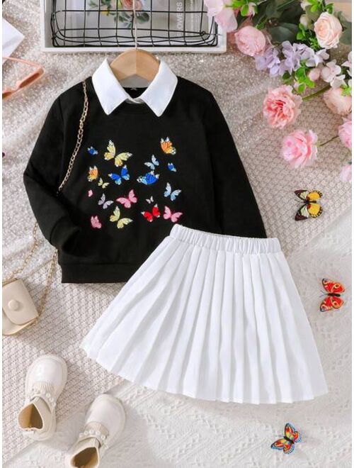 Shein Young Girl Butterfly Print Sweatshirt & Pleated Skirt