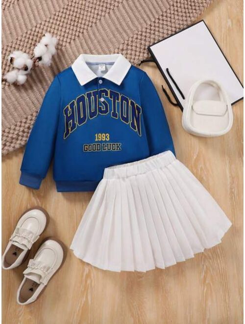 Shein Young Girl Letter Graphic Contrast Collar Sweatshirt & Pleated Skirt