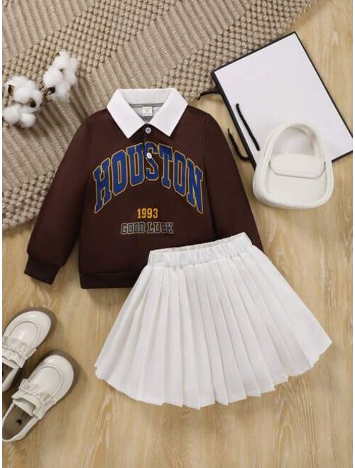 Shein Young Girl Letter Graphic Contrast Collar Sweatshirt & Pleated Skirt