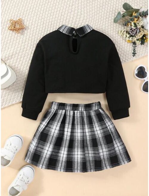 SHEIN Kids QTFun Toddler Girls' Plaid Collar Sweatshirt + Plaid A-line Skirt 2pcs/set For Spring And Autumn