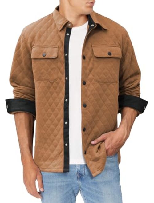 JMIERR Mens Quilted Shirt Jackets Casual Long Sleeve Snap Button Down Shirts with Pockets