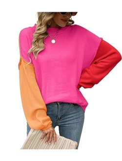 Women's Cute Color Block Patchwork Crew Neck Lantern Sleeve Knitted Pullover Sweater Tops