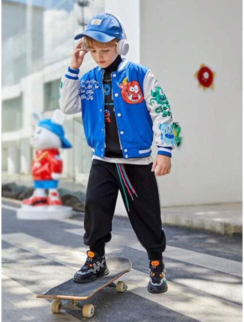 SHEIN Kids HYPEME Tween Boy Slogan & Cartoon Graphic Varsity Jacket