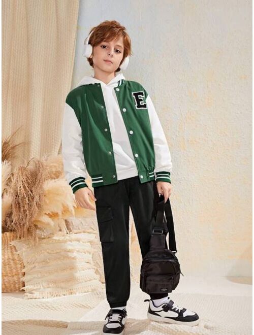 SHEIN Tween Boy Letter Patched Striped Trim Drop Shoulder Varsity Jacket Without Hoodie