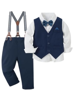 Caretoo Toddler Baby Boy Clothes Suit 5Pcs Gentleman Wedding Outfit Dress Shirt+Vest+Bow Tie+Suspender Pant Formal Set 12M-5T