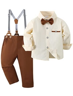 Caretoo Toddler Baby Boy Clothes Suit 5Pcs Gentleman Wedding Outfit Dress Shirt+Vest+Bow Tie+Suspender Pant Formal Set 12M-5T