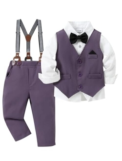 Caretoo Toddler Baby Boy Clothes Suit 5Pcs Gentleman Wedding Outfit Dress Shirt+Vest+Bow Tie+Suspender Pant Formal Set 12M-5T