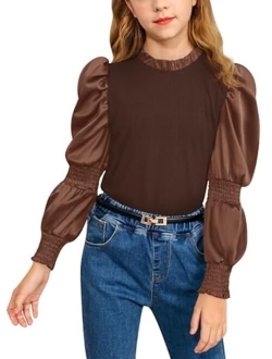 BesserBay Girls Puff Long Sleeve Shirt Ruffle Neck Rib Knit Blouse Tops Fall Shirts Size 4-12 Years