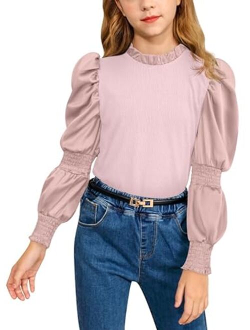 BesserBay Girls Puff Long Sleeve Shirt Ruffle Neck Rib Knit Blouse Tops Fall Shirts Size 4-12 Years