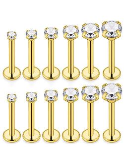 SCERRING 6 Pairs 16g Stainless Steel Prong Setting Clear CZ Internally Threaded Labret Monroe Lip Tragus Cartilage Helix Earring Ring Body Piercing Jewelry 6-10mm