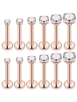 SCERRING 6 Pairs 16g Stainless Steel Prong Setting Clear CZ Internally Threaded Labret Monroe Lip Tragus Cartilage Helix Earring Ring Body Piercing Jewelry 6-10mm