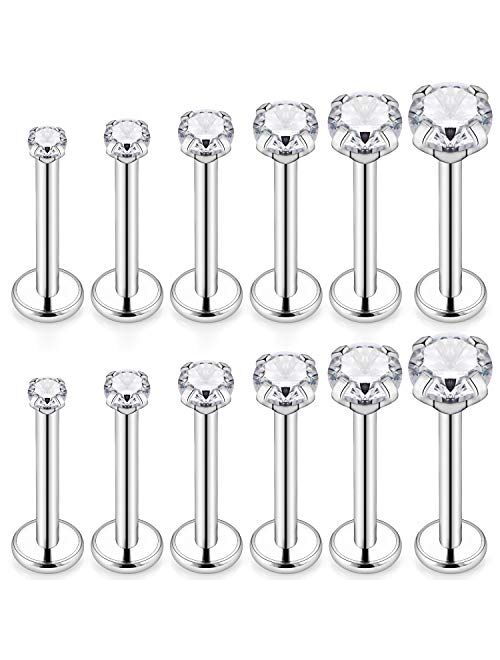 SCERRING 6 Pairs 16g Stainless Steel Prong Setting Clear CZ Internally Threaded Labret Monroe Lip Tragus Cartilage Helix Earring Ring Body Piercing Jewelry 6-10mm