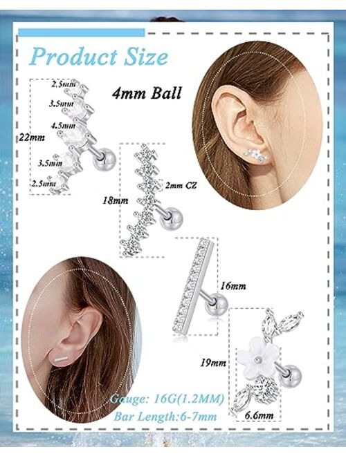 Tornito 9-30Pcs Cartilage CZ Stud Earrings Conch Forward Helix Tragus Daith Piercing Lip Rings Snake Heart Butterfly Jewelry for Women Men 16G Silver Gold Tone