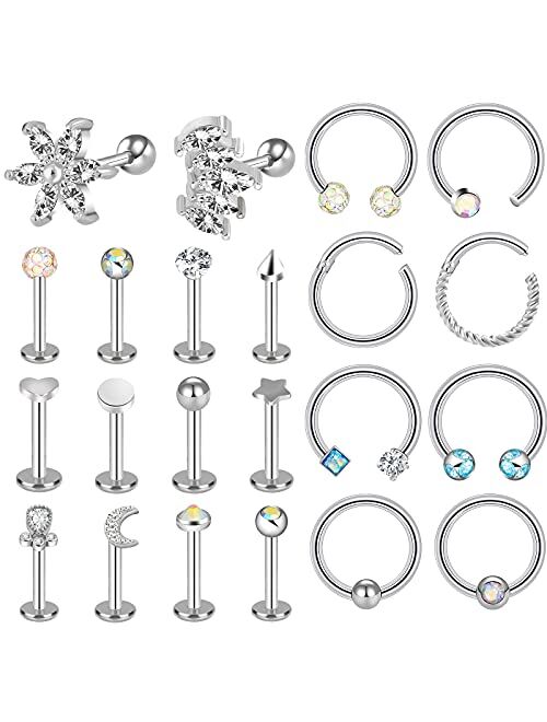 ONESING 12-25 Pcs 16G Tragus Earrings for Women Men Cartilage Earrings Labret Stud Tragus Piercing Jewelry