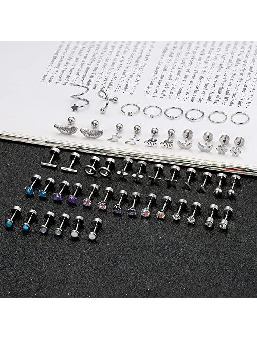 Dochais 25 Pairs Surgical Steel Stud Earrings for Women Multipack Cartilage Earring Opal Moonstone Turquoise Butterfly Flower Star Flat Back Earrings Silver