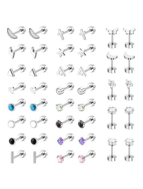 Dochais 25 Pairs Surgical Steel Stud Earrings for Women Multipack Cartilage Earring Opal Moonstone Turquoise Butterfly Flower Star Flat Back Earrings Silver