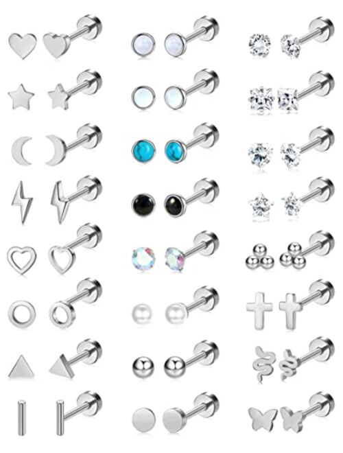 BSJ4U 24 Pairs Stainless Steel Stud Earrings Set for Women Men CZ Heart Butterfly Triangle Cross Circle Bar Moon Star Hypoallergenic Flat Back Earrings 20G Cartilage Heli