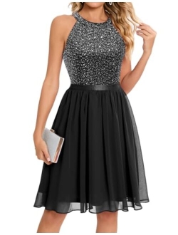 Bbonlinedress Sequin Halter Prom Dress for Women Party Night Elegant Wedding Bridesmaid Dresses