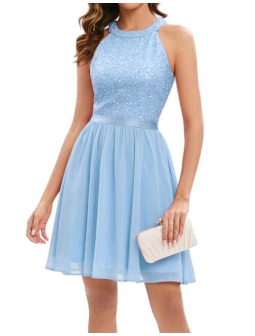 Bbonlinedress Sequin Halter Prom Dress for Women Party Night Elegant Wedding Bridesmaid Dresses