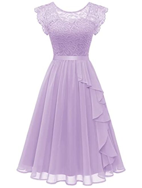 Wedtrend Women's Bridesmaid Dress, Flutter Sleeves Short Prom Dress Floral Lace Chiffon Summer Wedding Guest Dress