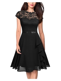 MISSMAY Women's Vintage Lace Contrast Chiffon Ruffle Classy Formal Prom Dress