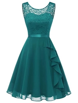 BeryLove Women's Cocktail Dresses Prom Wedding Guest Short Bridesmaid Dresses Ruffle Hem Sleeveless Lace Formal Dress