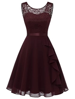 BeryLove Women's Cocktail Dresses Prom Wedding Guest Short Bridesmaid Dresses Ruffle Hem Sleeveless Lace Formal Dress