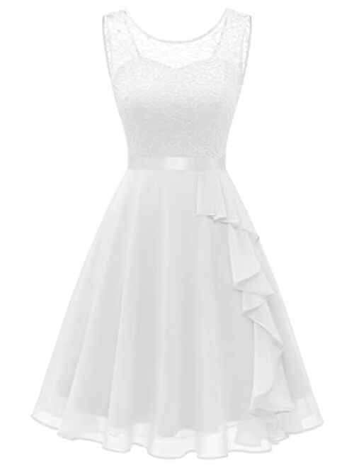 BeryLove Women's Cocktail Dresses Prom Wedding Guest Short Bridesmaid Dresses Ruffle Hem Sleeveless Lace Formal Dress