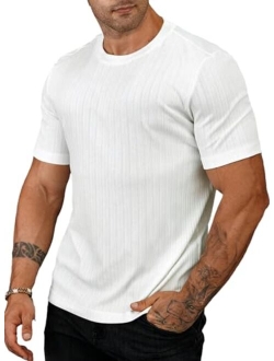 JMIERR Men's Muscle T Shirt Crewneck Short Sleeve Slim Fit Longline Ribbed Knit Stretch Workout Tee Shirts