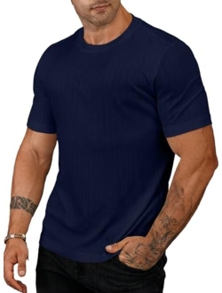 JMIERR Men's Muscle T Shirt Crewneck Short Sleeve Slim Fit Longline Ribbed Knit Stretch Workout Tee Shirts