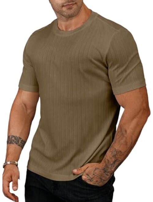 JMIERR Men's Muscle T Shirt Crewneck Short Sleeve Slim Fit Longline Ribbed Knit Stretch Workout Tee Shirts