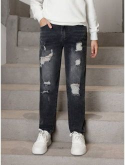 Boys' (big) Jeans, New Style, Casual, Fashionable, High-end Gray Distressed Washed Denim Trousers With Narrow Hem