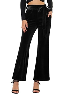 Women's Velvet Pants Halloween Tie Waist Stretchy Wide Leg Pants with Pockets