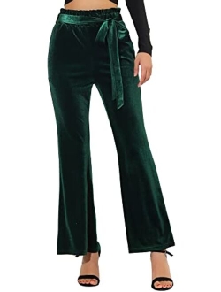 Women's Velvet Pants Halloween Tie Waist Stretchy Wide Leg Pants with Pockets