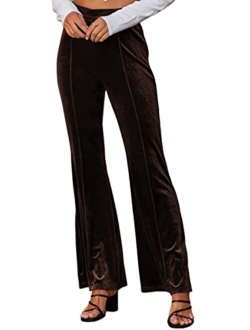 ECOWISH Womens Velvet Pants Elastic High Waist Palazzo Pants Casual Flare Long Trousers