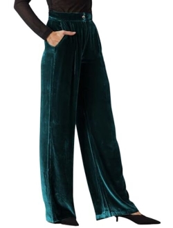 ECOWISH Womens Velvet Pants Elastic High Waist Palazzo Pants Casual Flare Long Trousers