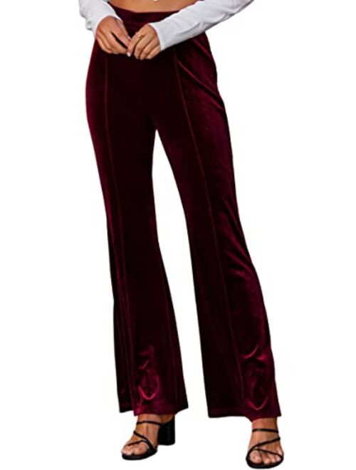 ECOWISH Womens Velvet Pants Elastic High Waist Palazzo Pants Casual Flare Long Trousers